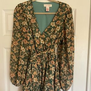 Flying Tomato “Care to Dance” Woven Mini Dress in Green Floral